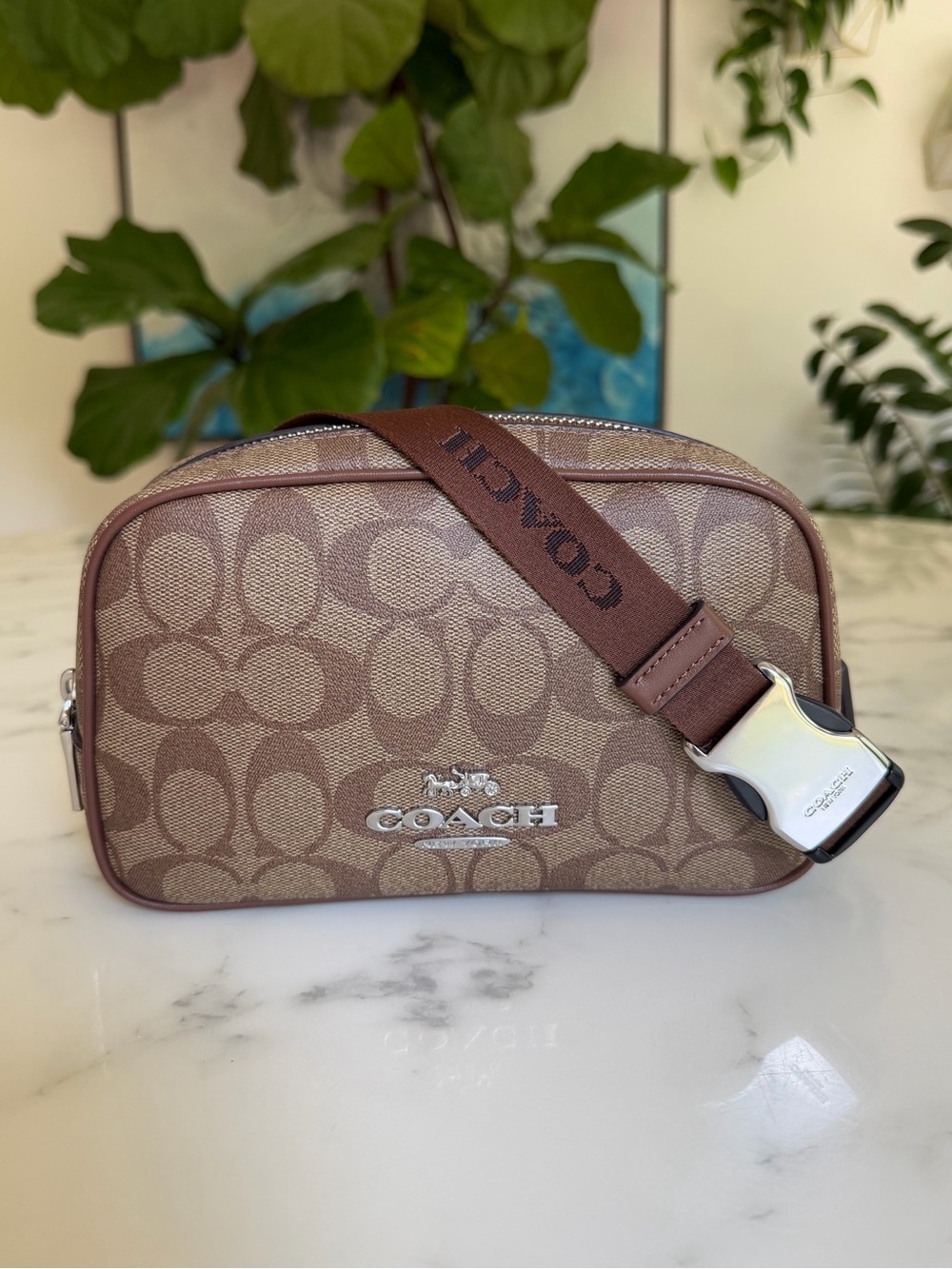COACH Pace Belt Bag In Signature Canvas Silver Khaki Saddle CR137 Crossbody
